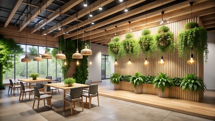 Fototapeta premium A modern restaurant interior with wooden accents, lush plants, and hanging lights