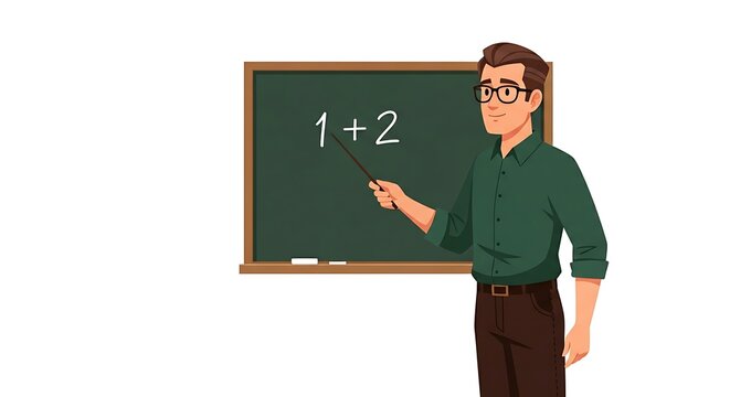 Flat cartoon male teacher explaining on chalkboard, education concept.