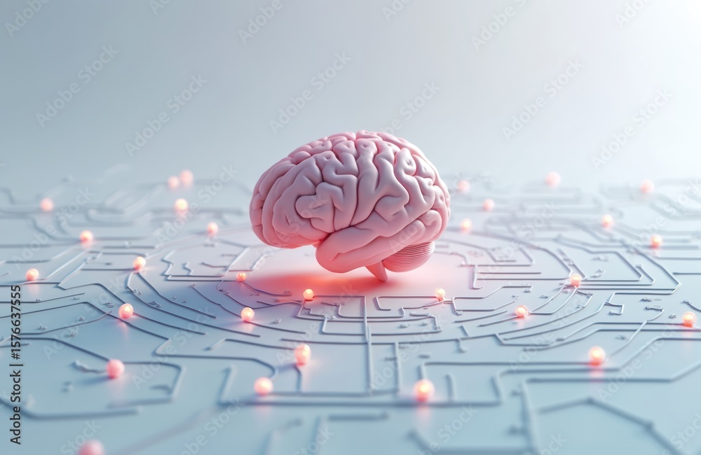 Poster 3d render of pink brain on abstract circuit board pattern with illuminated nodes. artificial intelli