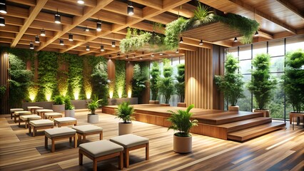 Fototapeta premium A wooden stage and seating area are decorated with plants for an event