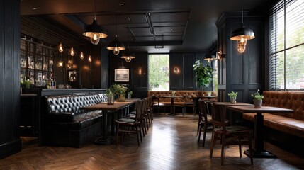 Dark, elegant interior of a restaurant or bar