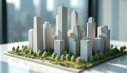 Architectural model of city skyline featuring diverse skyscrapers on business table. Detailed miniature represents urban planning, property development, ideal for discussions on real estate projects,