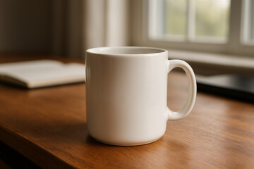 Minimalist white ceramic mug on a wooden table in soft daylight, perfect for product mockups, lifestyle scenes, or coffee-themed designs.
