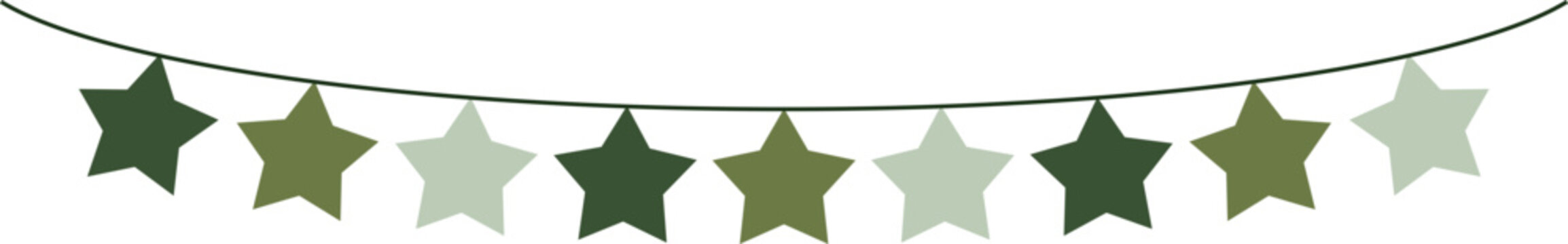 Bunting Banner with Star Shape Flags - Decorative bunting banner in shades of green hung on a thin string