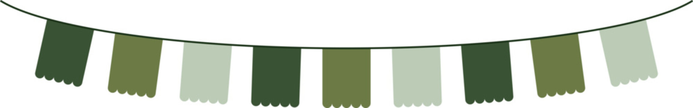 Bunting Banner with Scallop Edge Flags - Decorative bunting banner in shades of green hung on a thin string