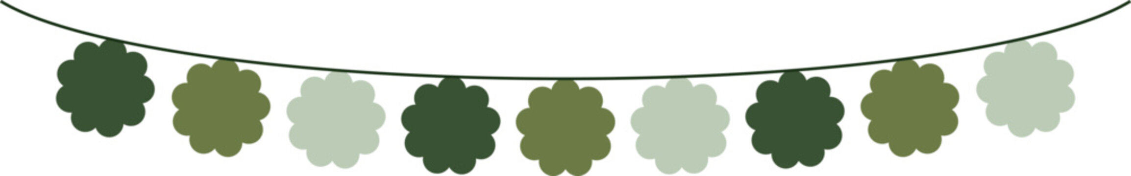 Bunting Banner with Flower Shape Flags - Decorative bunting banner in shades of green hung on a thin string