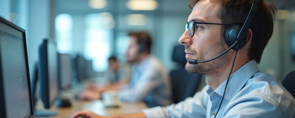 Man with glasses and headset works in call center. Consultant talks with client via microphone. Customer support agent uses CRM software on computer. Business communication, online sales.