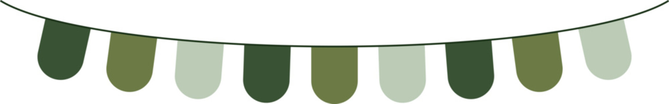 Bunting Banner with Rounded Flags - Decorative bunting banner in shades of green hung on a thin string