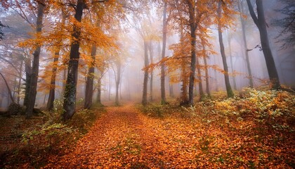 Fototapeta premium misty autumn forest with orange leaves