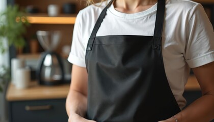 Black apron mockup for shop branding. Customizable template with blank space for logotype print. Modern, stylish, pro chef uniform for eateries, cafes. Versatile apparel accessory for marketing,