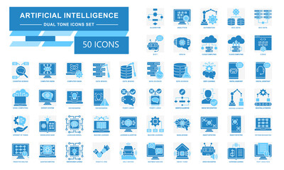 Artificial Intelligence dual tone icons set. contain algorithm, analytics, big data, data science, machine learning, brain and more. Vector for modern concept, UI, UX, web and app development.