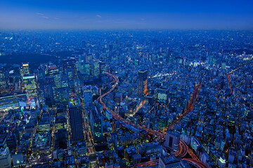 商業都市・日本橋周辺の商業ビルの夕暮れ
・三越前駅周辺と首都高速道路・Aerial view