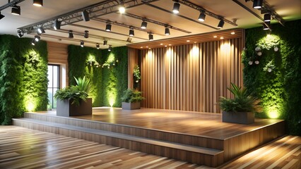 An indoor stage is decorated with lush greenery and wooden accents for an event
