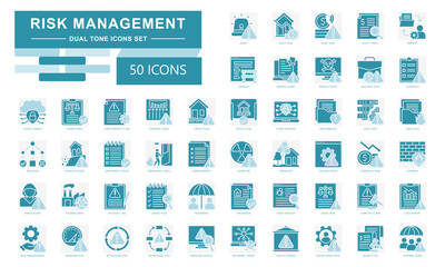 Risk Management dual tone icons set. contain alert, asset risk, business risk, financial risk, insurance, control panel, firewall and more. Vector for modern concept, UI, UX, web and app development.