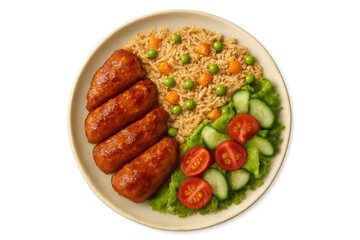 Grilled sausage links accompanying steamed rice, vibrant vegetables, fresh garden salad on clean white ceramic plate