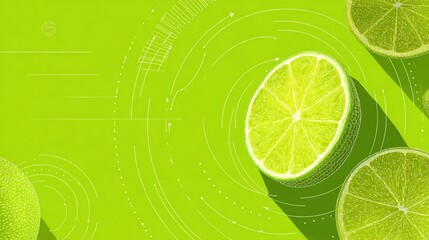 and keyword list based on the image

 Sliced Lime Fruits on Bright Green Background with Abstract Circular Pattern Design.