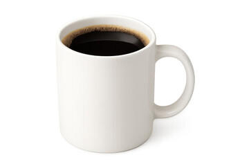 Ceramic white mug filled with rich, dark coffee, standing against transparent backdrop, highlighting beverage branding and cafe marketing concepts