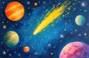 Childrens gouache drawing features yellow comet in blue space with planets. Colorful childlike artwork shows planets, stars, rocket, spaceship. Fun cosmic galaxy scene with brush strokes, gouache