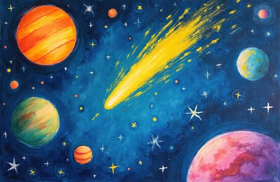 Childrens gouache drawing features yellow comet in blue space with planets. Colorful childlike artwork shows planets, stars, rocket, spaceship. Fun cosmic galaxy scene with brush strokes, gouache