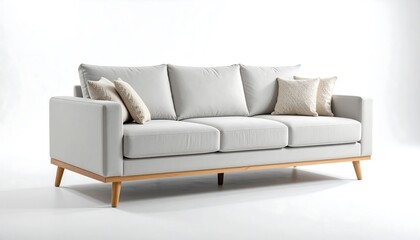 Fototapeta premium Elegant Light Grey Three-Seater Sofa with Wooden Legs and Neutral Cushions