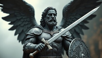Fototapeta premium Majestic angel warrior statue, sword and shield poised. Intricate armor details, powerful wings. Represents strength, grace, divine protection. Medieval mythology inspiration, stone craftsmanship.