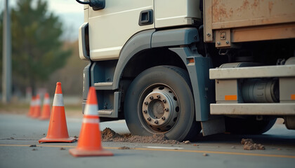 Truck stranded roadside with flat tire, damage. Orange hazard cones surround disabled vehicle indicating safety warning. Freight transportation vehicle broken down on highway, requiring roadside
