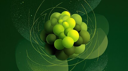 Abstract composition of green spheres with swirling lines against a gradient backdrop.