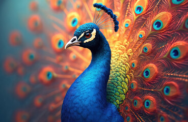 Fototapeta premium Majestic peacock displays vibrant, colorful plumage. Intricate feather patterns create a luxurious, ornate background. Ideal for home decor, interior design, and artistic projects. Generative AI art.
