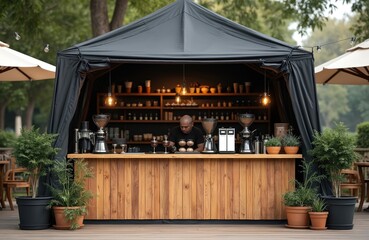 Pop-up tent coffee shop setup in an urban park featuring a barista preparing drinks. The rustic wooden counter complements the modern industrial design, enhanced by green plants and warm lighting.
