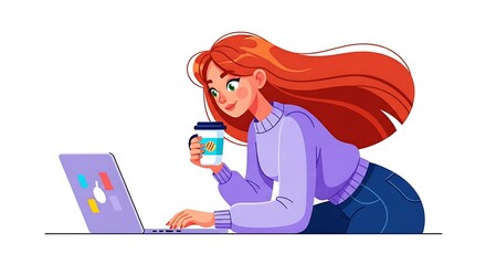 Flat cartoon woman using laptop in a coffee shop, freelance work scene.