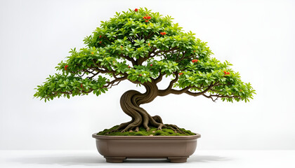 A miniature bonsai tree stands elegantly with detailed trunk and leaves against a clean white background.