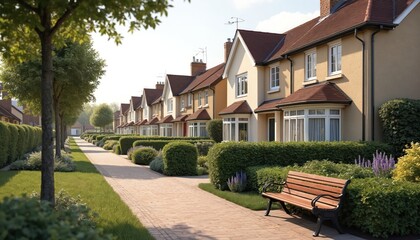 Obraz premium Row of elegant semi-detached houses in affluent London suburb. Features include manicured gardens, contemporary architecture, green plants along paved walkway. Residential street exudes charm,