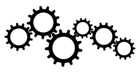 Black gears of different sizes in a row. Concept of teamwork, engineering, mechanical systems and industrial technology. The smooth operation of the mechanism.