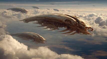Alien ships in a cloudy sky