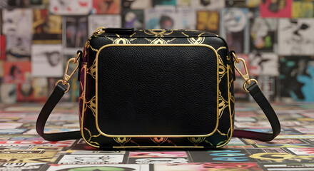Black crossbody bag with golden chain details and a black central panel, close-up shot