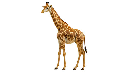 Naklejka premium A giraffe stands gracefully against a white background, displaying its long neck and unique body patterns.