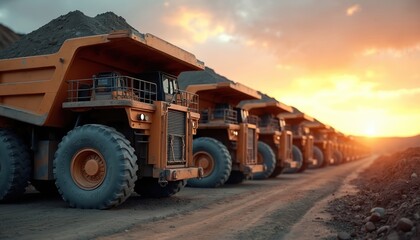 Obraz premium Several large mining trucks lined up in neat row at mining site during sunset. Heavy-duty vehicles, filled with aggregate, showcase metallic texture, glossy finish. Natural lighting creates realistic