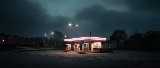 Desolate midnight gas station with neon lights in a moody atmosphere