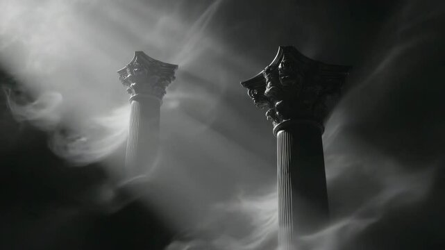 Monochrome Columns in Ethereal Smoke with Techno Rave Lights &ndash; Ultra HD 8K Abstract Scene with Zoom-In Illusion and Beat-Synced Flashes
