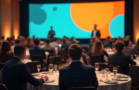 Business professionals seated at round tables engage in conference presentation. Speaker stands on stage addressing audience, with LED screen displaying vibrant orange, blue circles. Corporate event