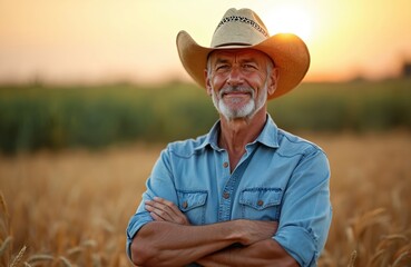 Bearded middle-aged man in cowboy hat stands confidently arms crossed in golden wheat field at sunset. Farmer wears denim shirt, smiles warmly. Rural countryside summer scene, sun rays illuminate