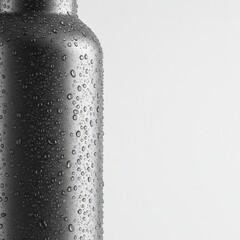 Close-up of a metallic water bottle covered in condensation droplets against a white background.