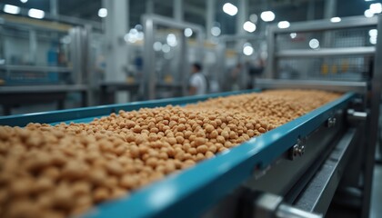 Fototapeta premium Industrial pet food production features automated conveyor belt system processing, sorting kibble. Manufacturing line ensures quality nourishment, safety for pet wellness, utilizing advanced