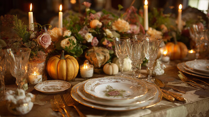 Naklejka premium Elegant Holiday Table Setting with Gold Cutlery, Floral China, Candles, and Mini Pumpkins