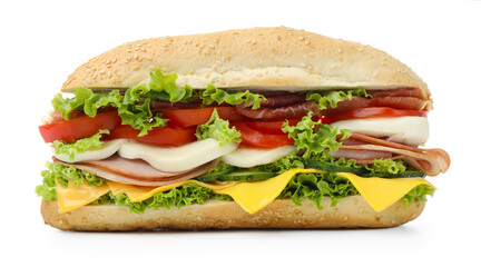 Tasty baguette sandwich with ham, cheese and vegetables isolated on white
