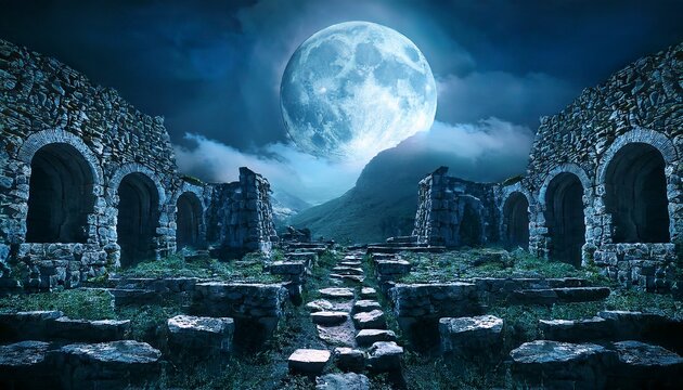 misteriose labyrinthartige ruinenlandschaft unter dem hellen mondschein in einer dusteren umgebung