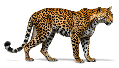 Fototapeta premium A leopard stands proudly against a white background, showing sharp spots and an intense gaze.