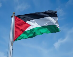 A palestine flag waving against a clear blue sky with some clouds on a metal pole outdoors in daylight