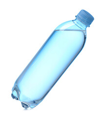 Plastic bottle with clean water in air on white background