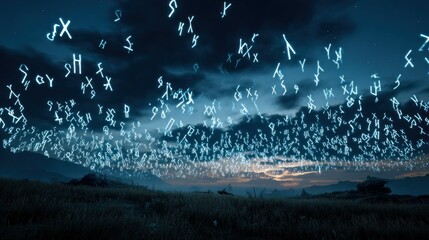 Illuminated runes float over a landscape at twilight